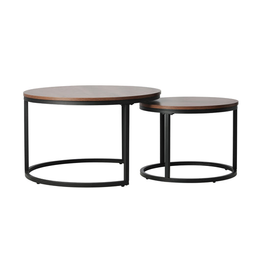 Set of 2 Round Walnut and Black Nesting Coffee Tables