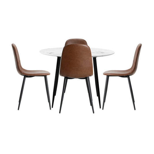 Round Brown PU Dining Table with Four Dining Chairs