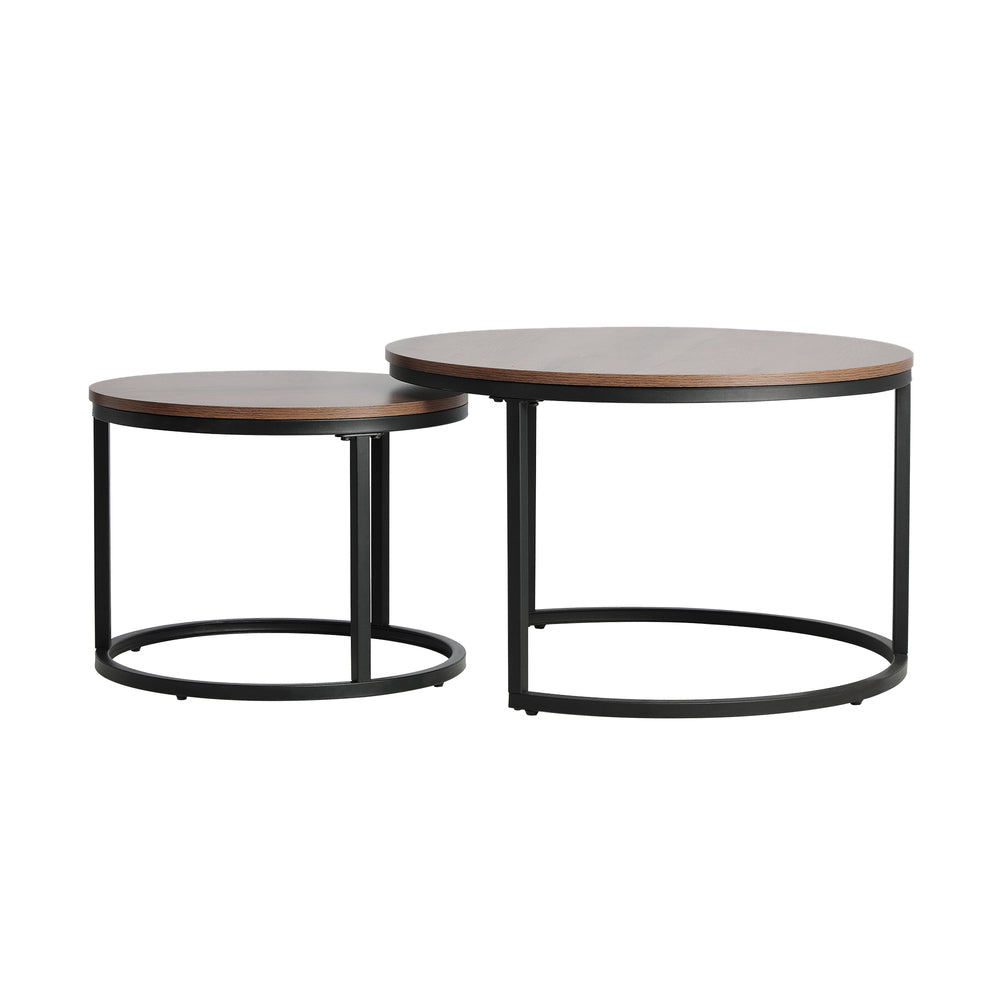 Set of 2 Round Walnut and Black Nesting Coffee Tables