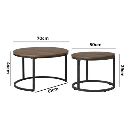 Set of 2 Round Walnut and Black Nesting Coffee Tables