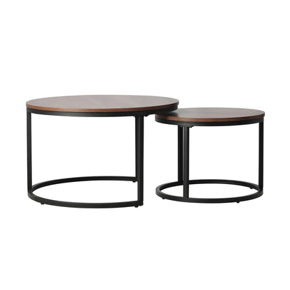 Set of 2 Round Walnut and Black Nesting Coffee Tables