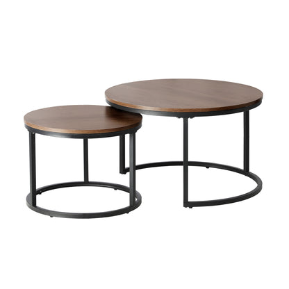Set of 2 Round Walnut and Black Nesting Coffee Tables