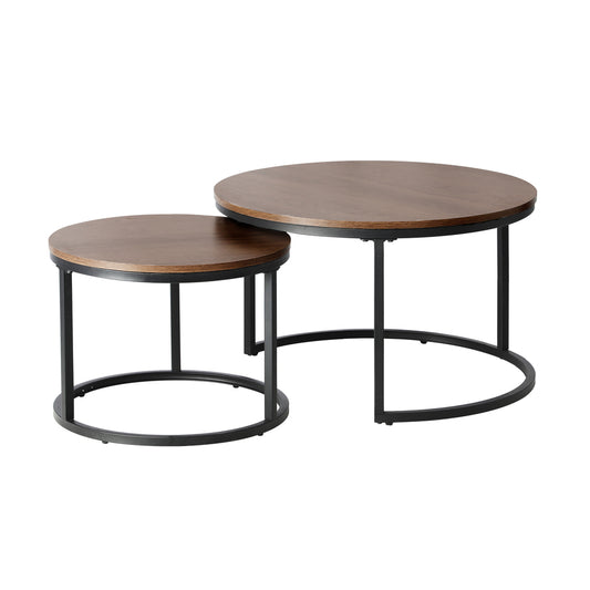 Set of 2 Round Walnut and Black Nesting Coffee Tables