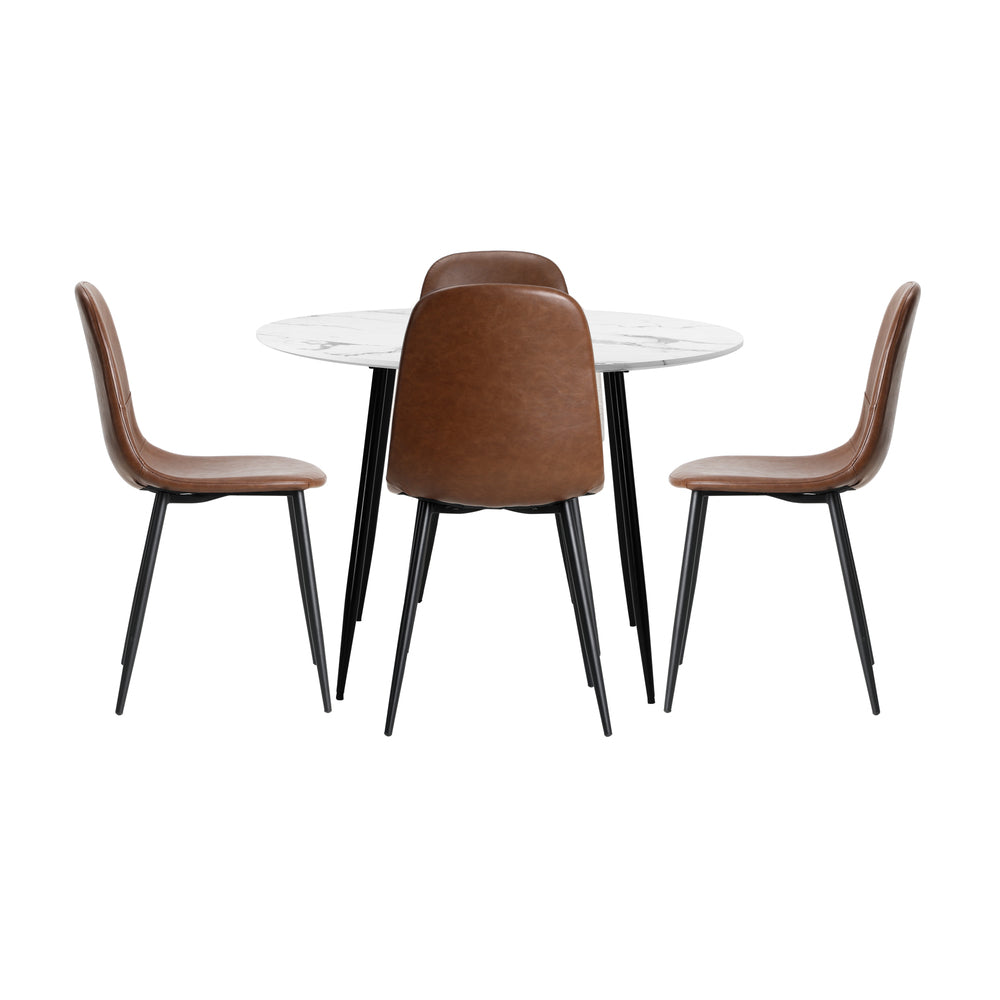 Round Brown PU Dining Table with Four Dining Chairs