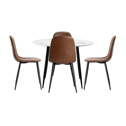 Round Brown PU Dining Table with Four Dining Chairs