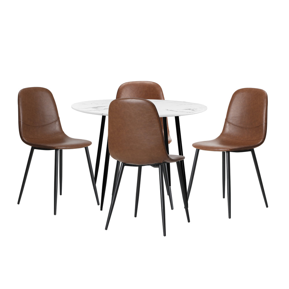 Round Brown PU Dining Table with Four Dining Chairs