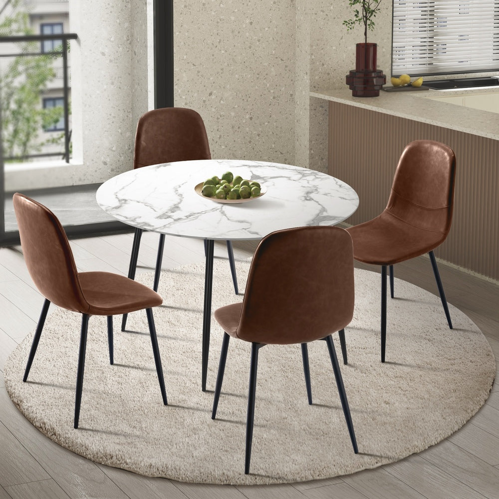 Round Brown PU Dining Table with Four Dining Chairs