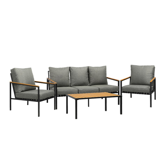 Black Outdoor Patio Set with Table and Cushioned Chairs