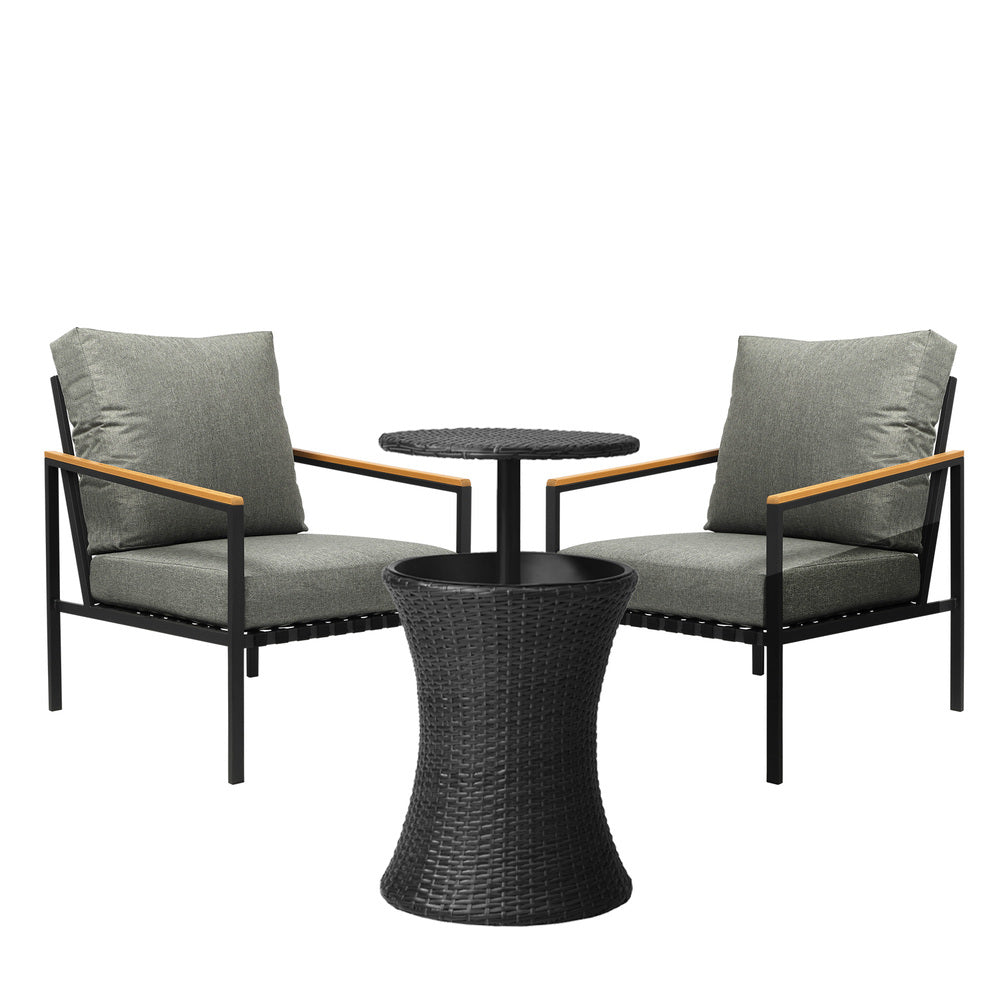 3pcs Black Outdoor Patio Sofa Set with Adjustable Ice Bucket Table