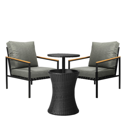 3pcs Black Outdoor Patio Sofa Set with Adjustable Ice Bucket Table