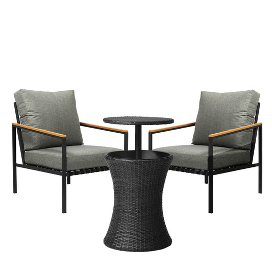 3pcs Black Outdoor Patio Sofa Set with Adjustable Ice Bucket Table