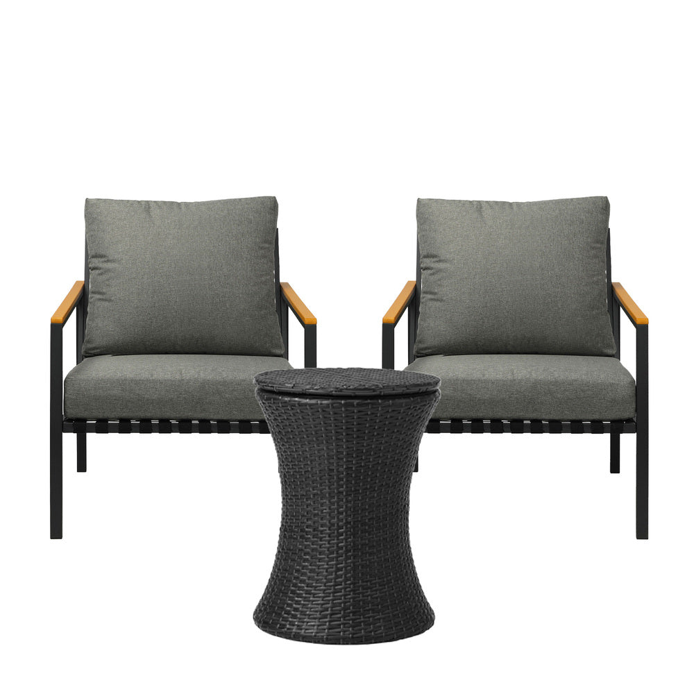 3pcs Black Outdoor Patio Sofa Set with Adjustable Ice Bucket Table