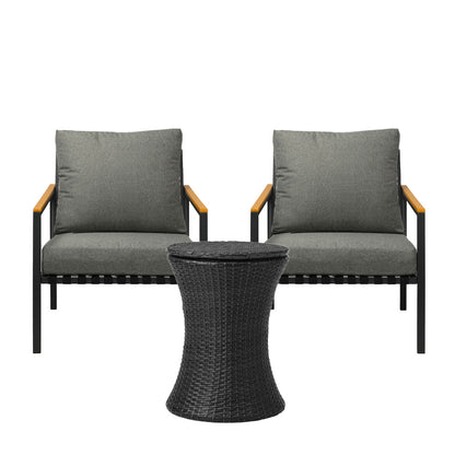 3pcs Black Outdoor Patio Sofa Set with Adjustable Ice Bucket Table