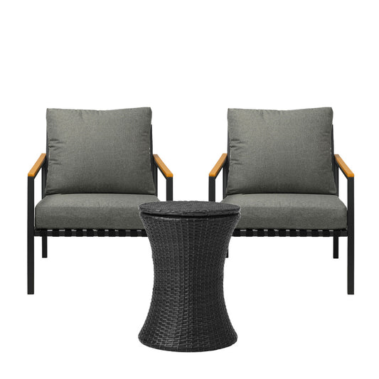 3pcs Black Outdoor Patio Sofa Set with Adjustable Ice Bucket Table