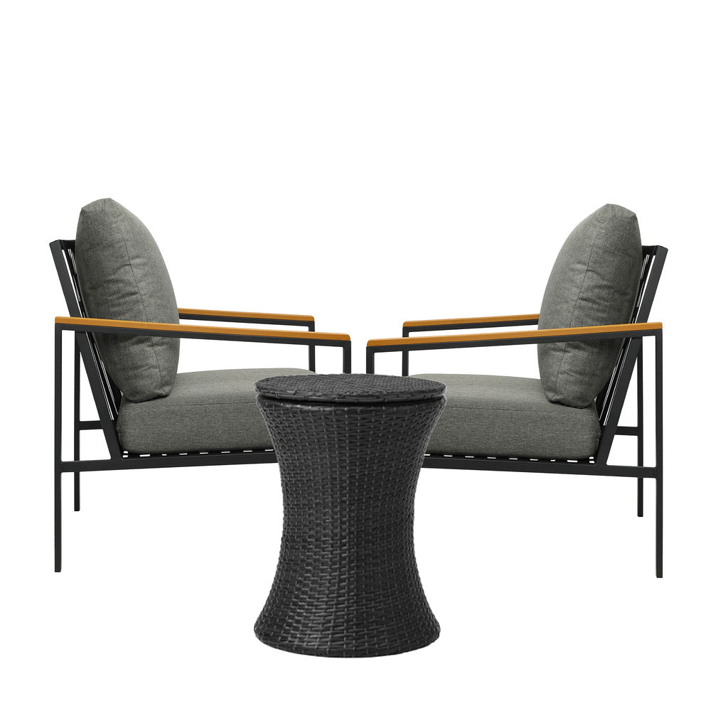 3pcs Black Outdoor Patio Sofa Set with Adjustable Ice Bucket Table